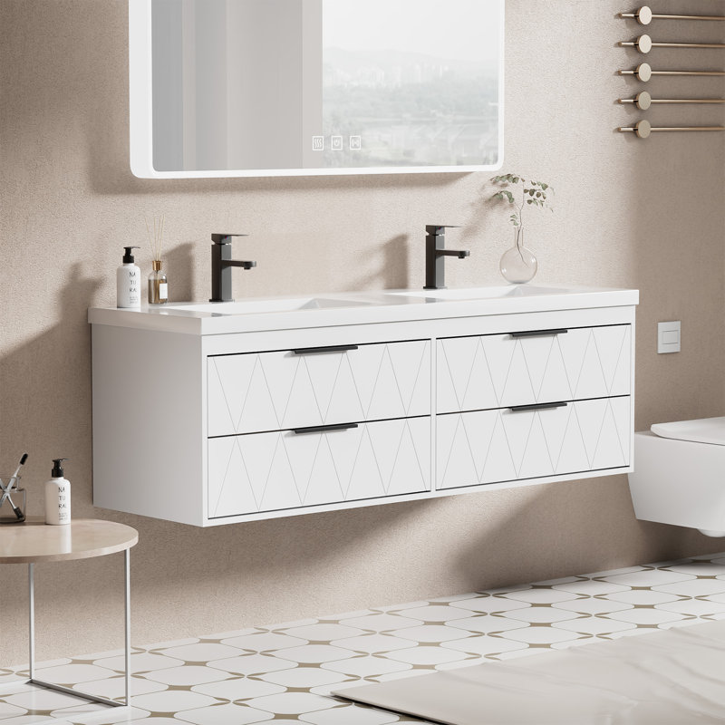 Ciarra Shavon 60" Modern Wall-mount Double Sink Bathroom Vanity With Resin Top, Water-resistant Painted Floating Cabinet, Soft-close Drawers