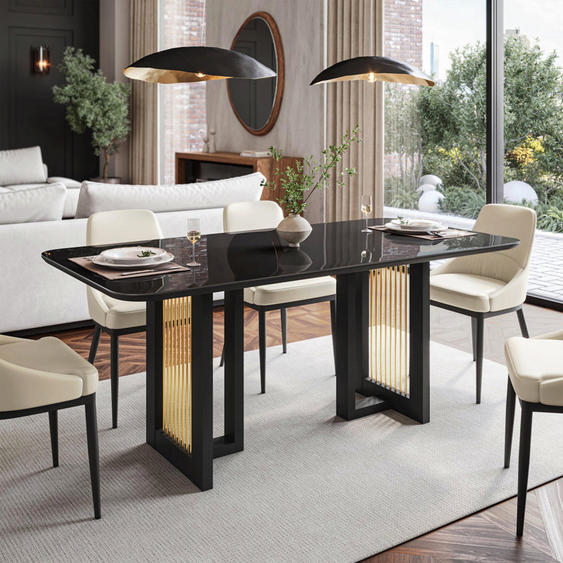 Table de salle à manger moderne 6 places avec accents dorés, noir et or