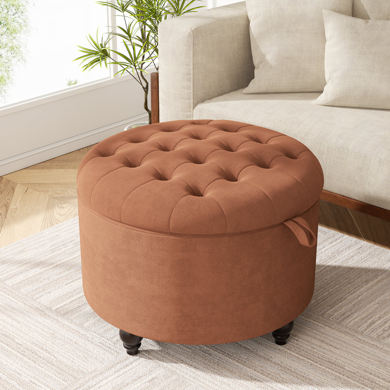 Button-Designed Upholstered Ottoman With Storage, Orange
