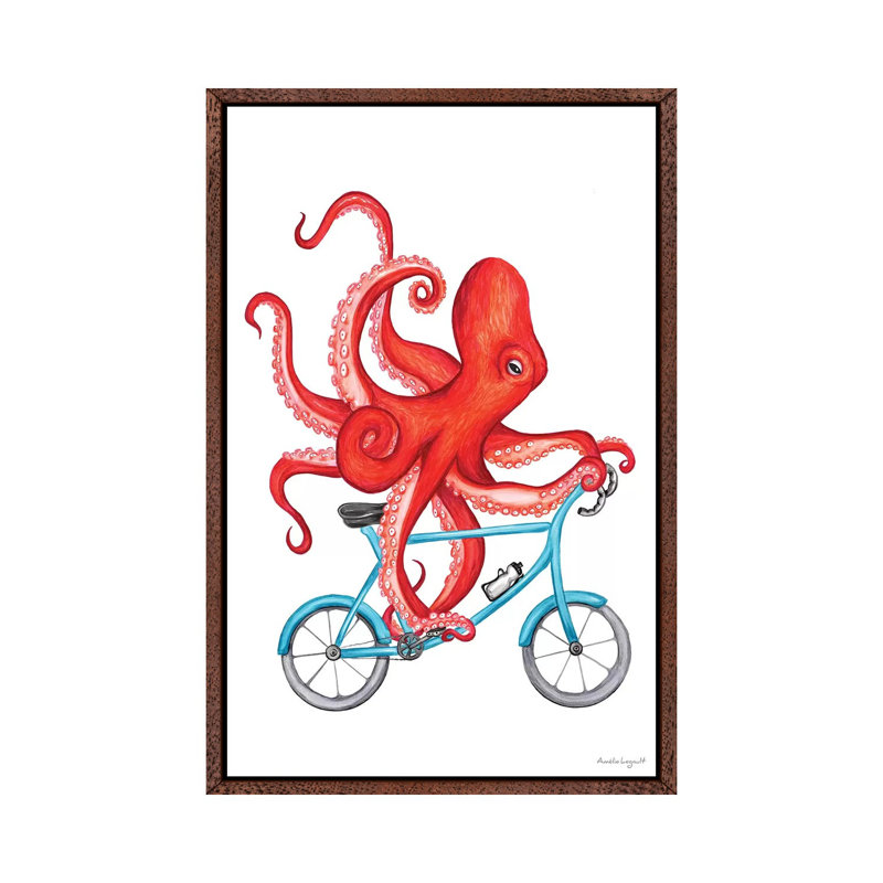 Octopus On Bike by Amélie Legault - Painting on Canvas, 101.6cm H x 66.04cm W x 3.81cm D, Classic Brown Wood Floater Framed
