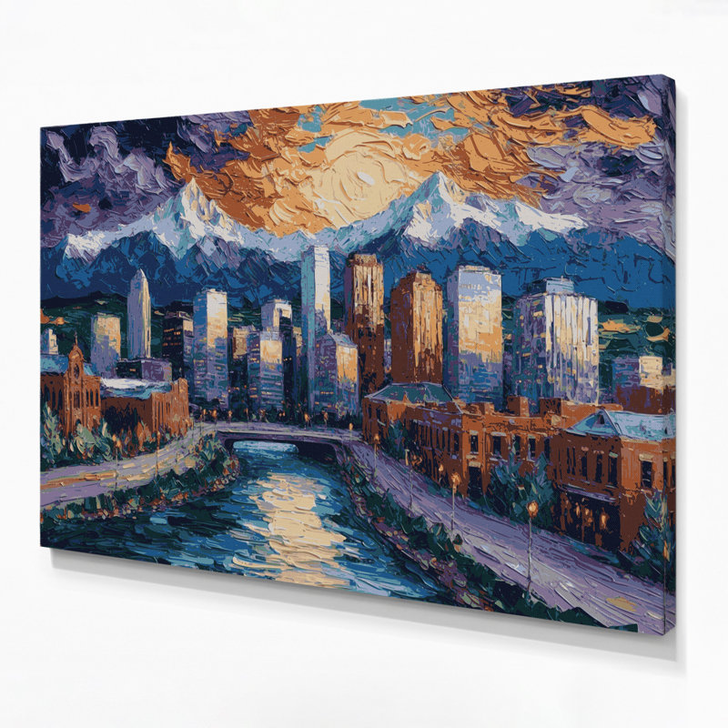 Art mural sur toile gris avec cités villes Denver, H 20 po x l 24 po