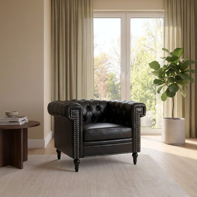 39" Chesterfield 1-Seater PU Leather Sofa with Rolled Arms and Nailhead Trim