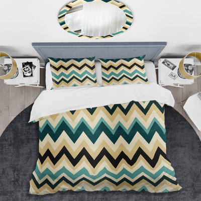 Eimo Blue And Beige Geometric Chevron I - Geometric Duvet Cover Set - Microfiber Polyester