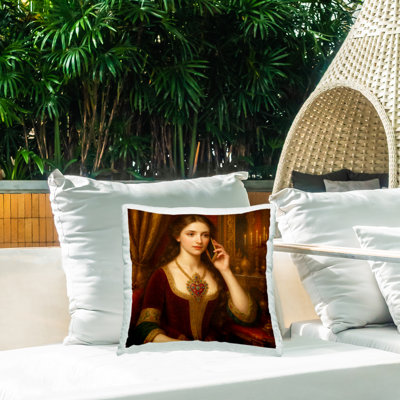 Coussin d'extérieur imprimé femme rococo avec téléphone portable, design par Grotto Studios, 18 x 7 x 18