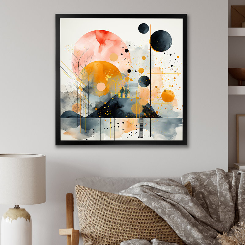 Paysage moderne noir et jaune forêt II - Art abstrait paysage mural, Cadre simple noir, H 36 po x l 36 po x P 1,5 po