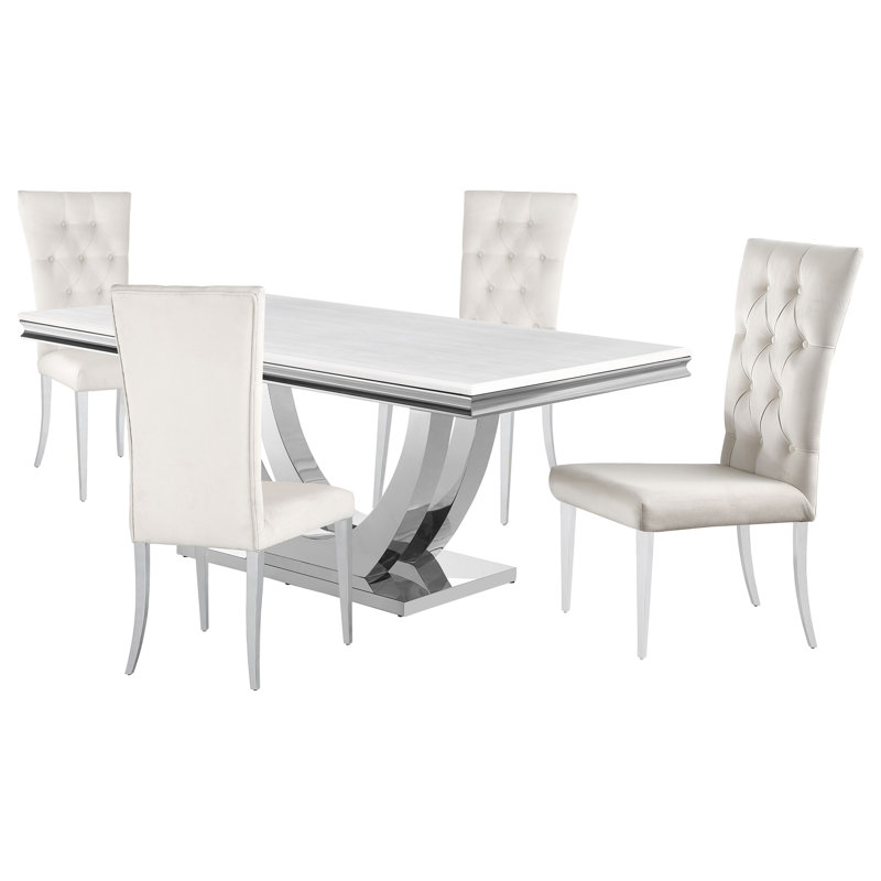 Demorest Stone Top Pedestal Dining Set, White Table with White Chairs, 5 Pieces: Table, 4 Chairs