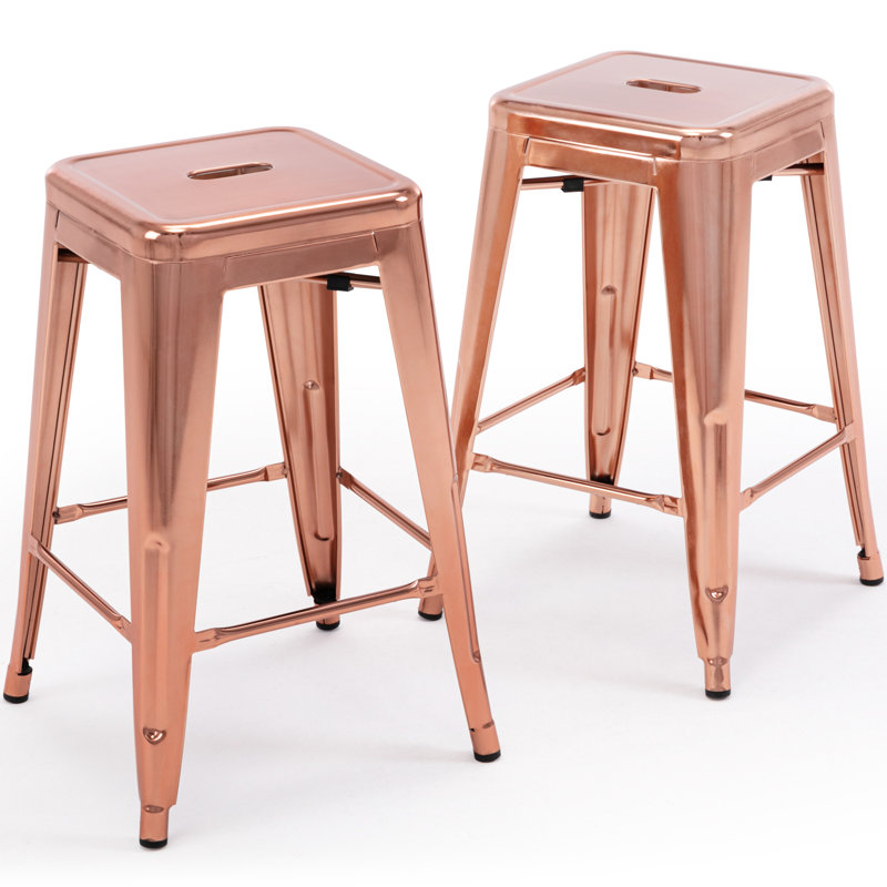 Almodovar 24" 24 Inch Metal Bar Stools, Backless Counter Height Barstools, Stackable Stools with Square, Rose Gold