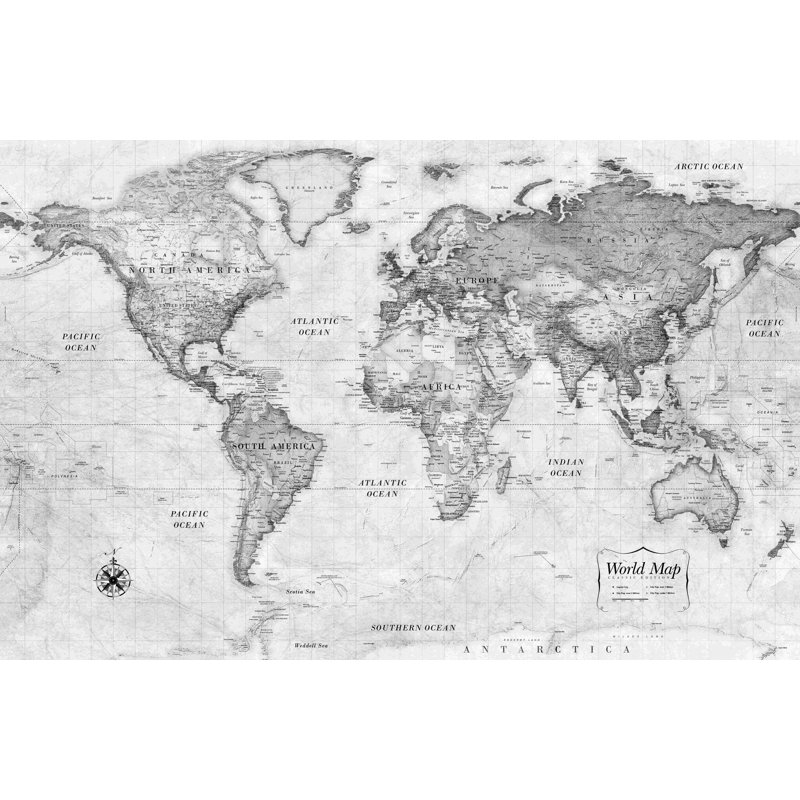 Carte du monde classique en noir et blanc, H 20 po x l 30 po
