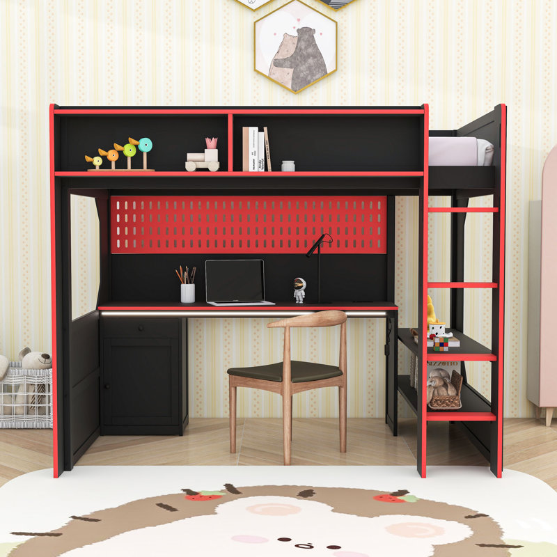 Modern Loft Bed with Built-in Desk, Pegboard Organizer, LED Lighting and Storage Shelves, Twin, Black/Red