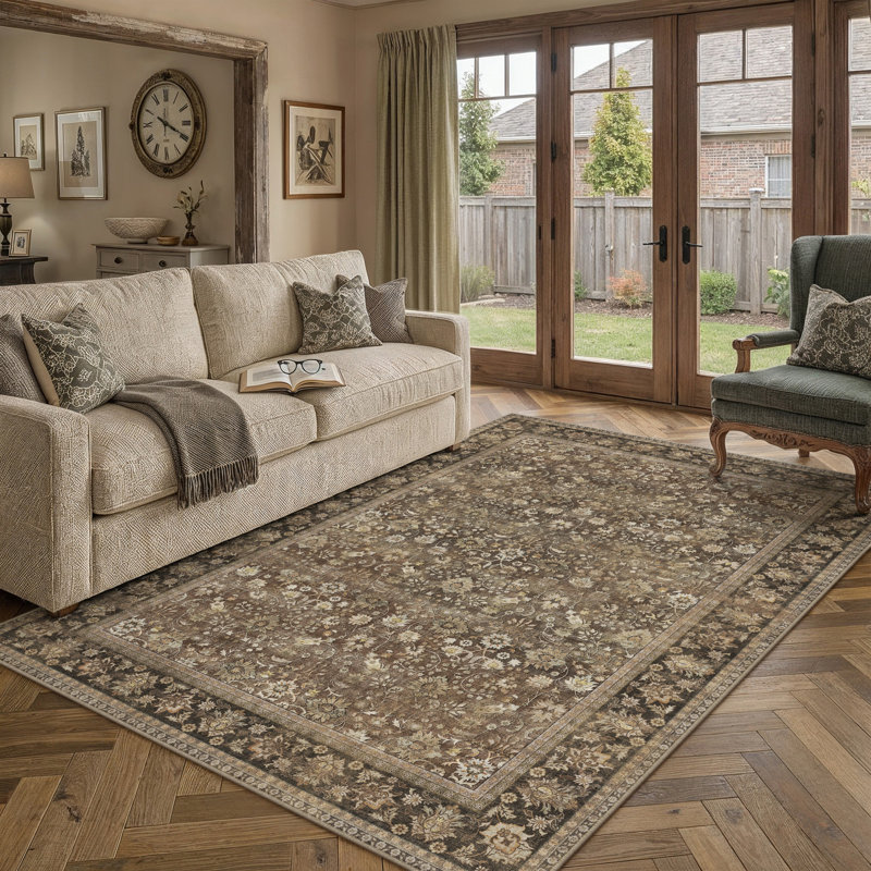 Tapis traditionnel lavable Cohen, Brun, Rectangle 5 pi x 7 pi
