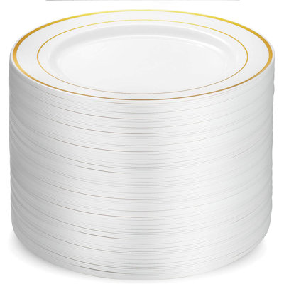 100 Piece Plastic Party Plates White With Gold Rim Disposable 10 Inch Dinner Plates