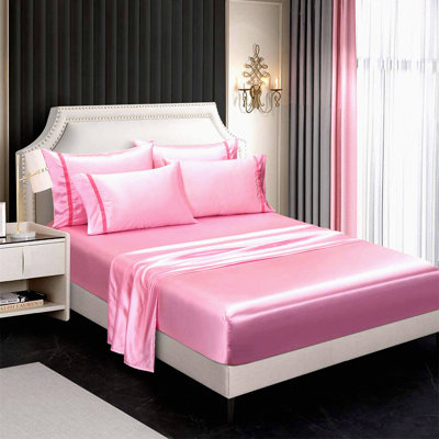 Luxury Silk Ribbon Bedding Set - 6 Piece European Style Deep Pocket Sheets with 1800 Thread Count. Super Soft, Wrinkle & Fade Resistant. Easy Care Machine Wash. Pink Queen Size.