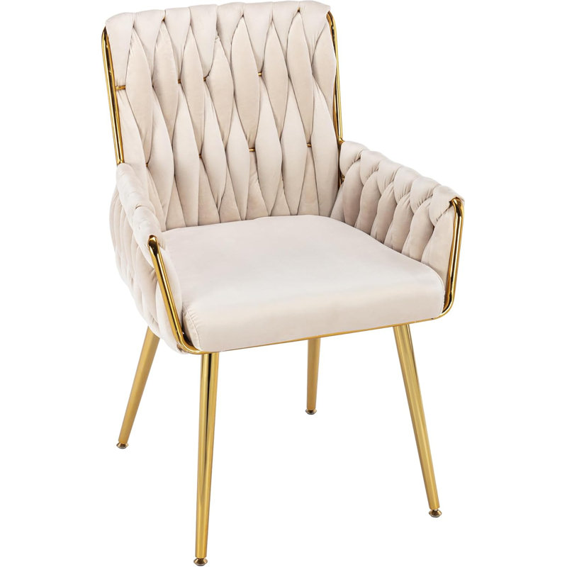 Velvet Desk Chair No Wheels, Modern Woven Armchair with Gold Metal Legs & Armrest, Cute Vanity Makeup Chair for Teen Girls, Living Room, Beige