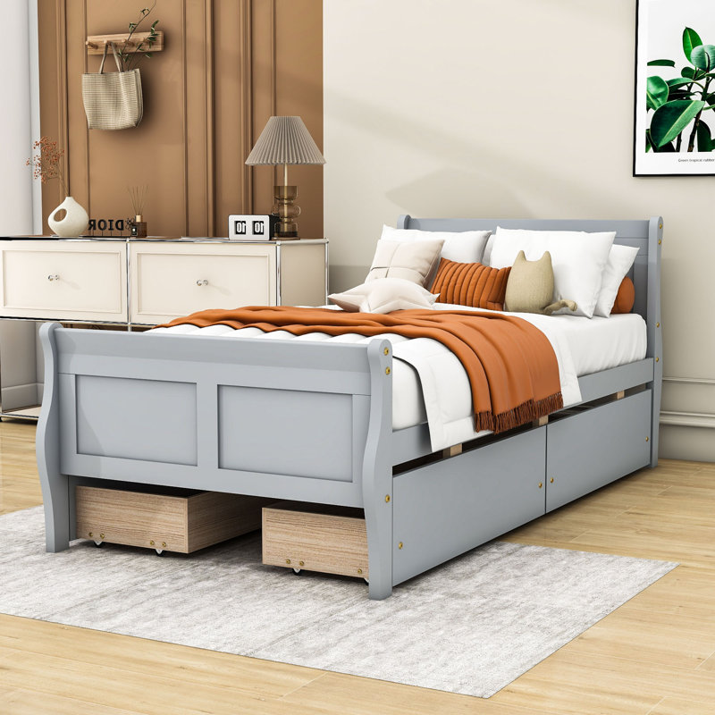 Lit plateforme 4 tiroirs avec tête de lit et pied de lit, Lit simple, Gris