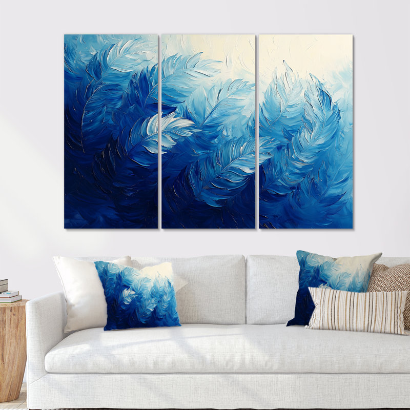 Palmiers en velours bleu harmonie III - art mural grand plumes - 3 panneaux, H 40 po x l 60 po, Toile tendue