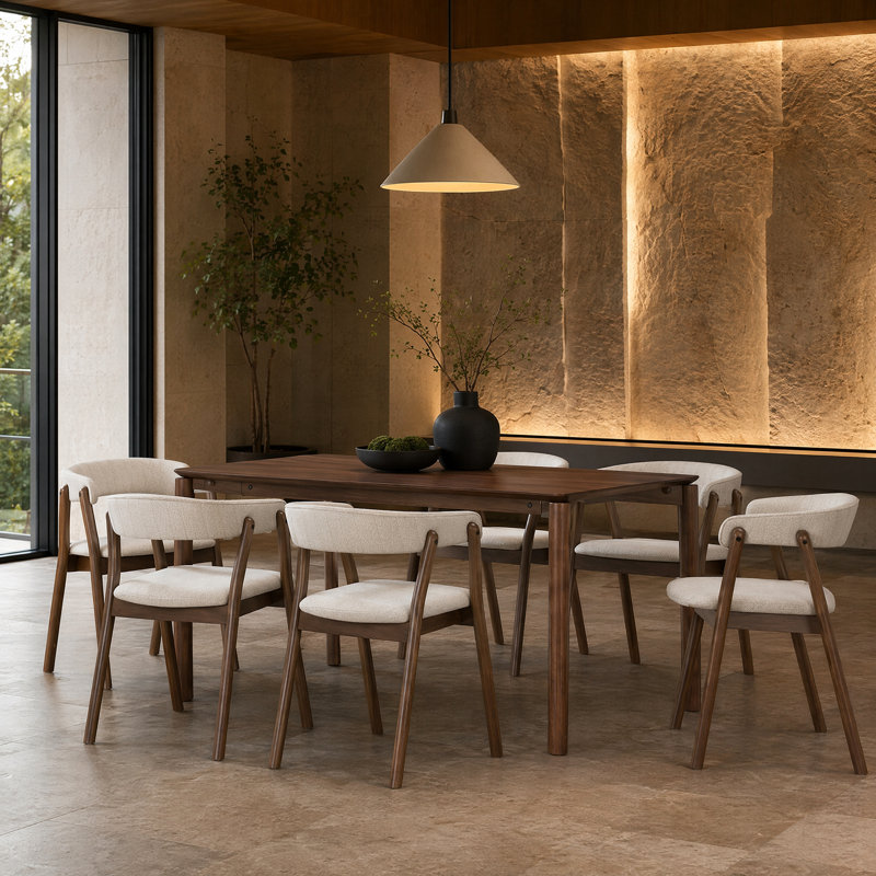Solid Wood Dining Set with Upholstered Chairs, Brown, 6