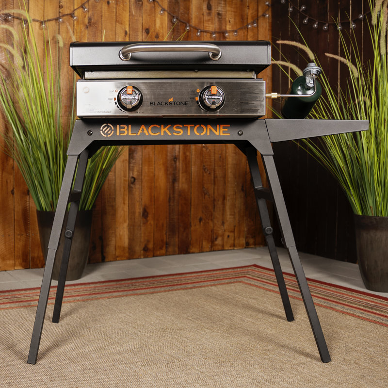 Black Adjustable Steel Griddle Stand with Side Shelf