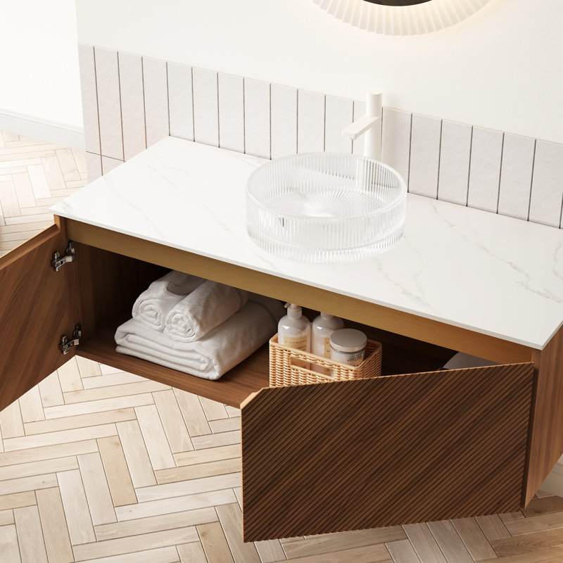 Transparent Round Glass Sink Bathroom Vanity, 48" Floating Storage, Distinct Twill Aesthetics, Soft Closing Mechanism, White Finish Vanity With Crystal Basin, Plywood, Oak , Design, Close System