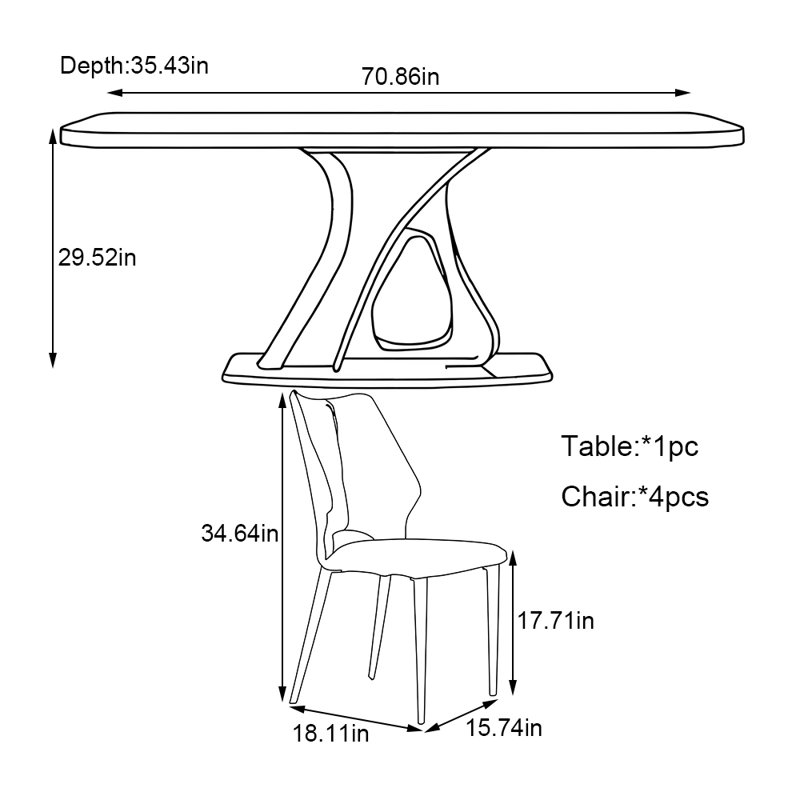 Modern high-end black dining table set, 29.52"H x 70.86"L x 35.43"W