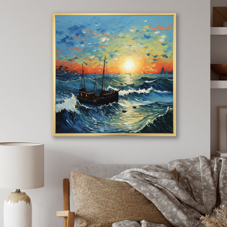 Vangogh Seascape with Fishing IV Framed On Canvas by Vincent Van Gogh Painting Breakwater Bay Size: 24 H x 24 W x 1 D, Format: Gold Floater Framed