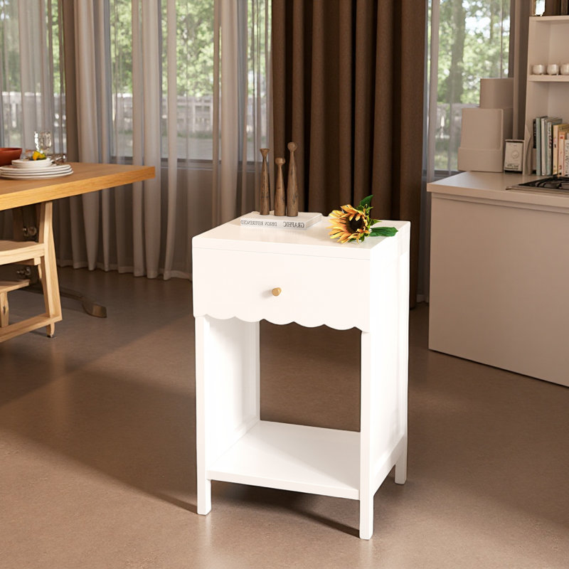 Table de chevet moderne avec tiroir et tablette ouverte, table de chevet festonnée pour la chambre à coucher, table d'appoint minimaliste mignonne