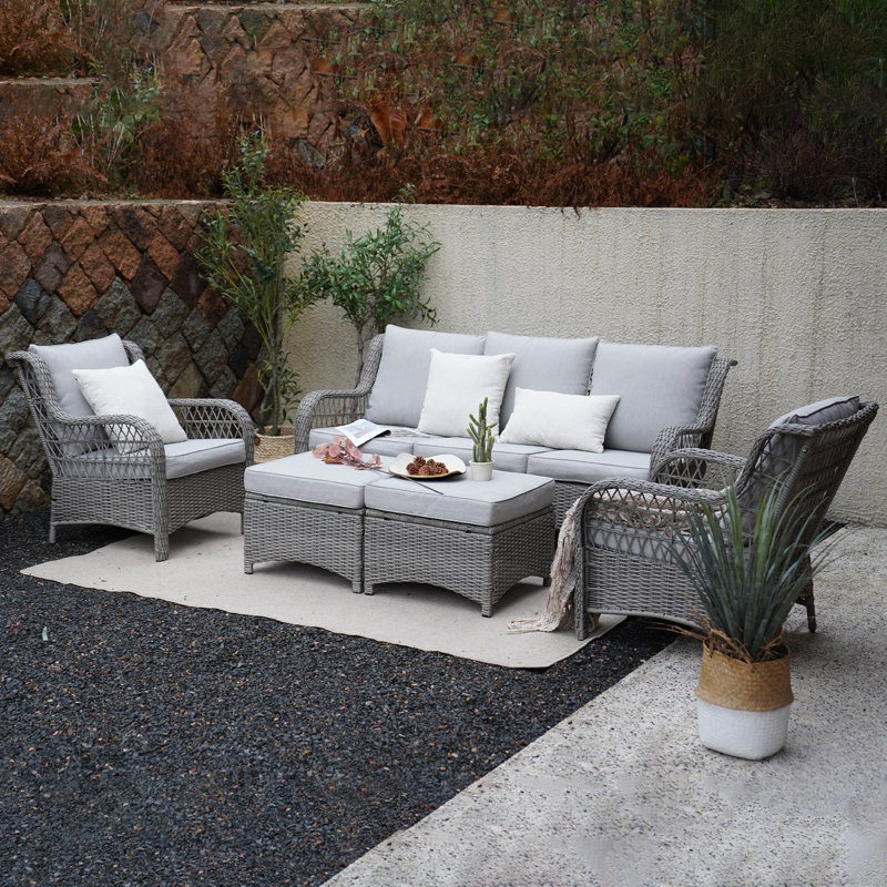 Ensemble de conversation en osier pour 3 personnes avec repose-pieds Ashlyn