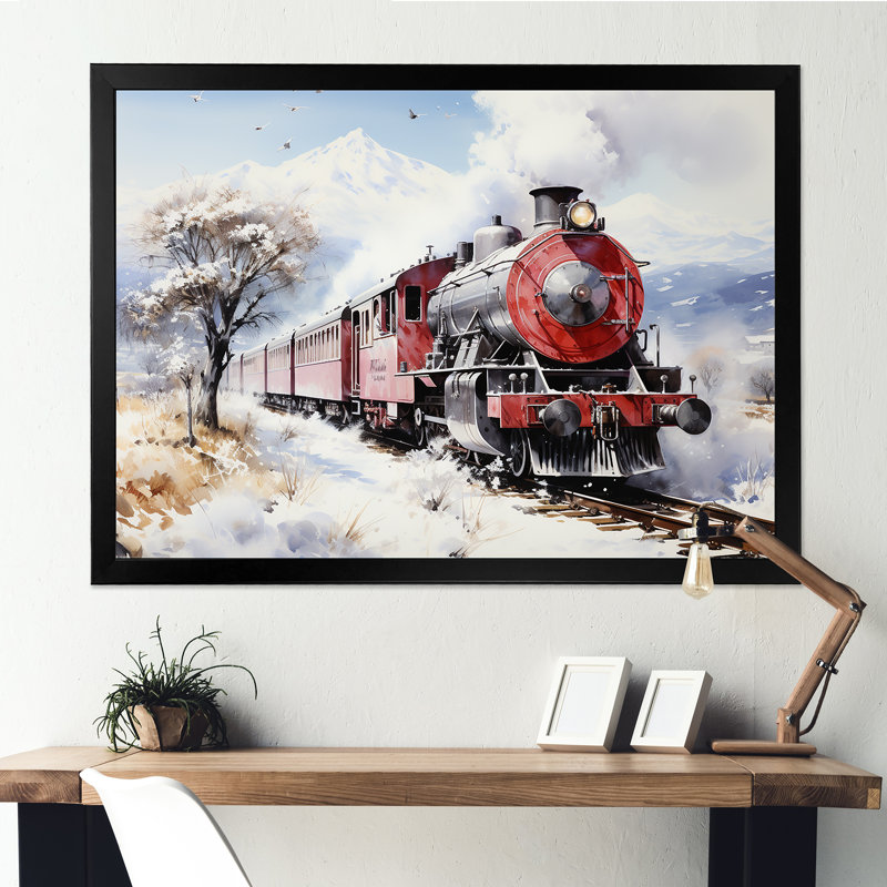 Rouge et blanc, magnifique train de campagne - train, art mural, Cadre d'angle fermé noir, H 34 po x l 44 po x P 1,5 po