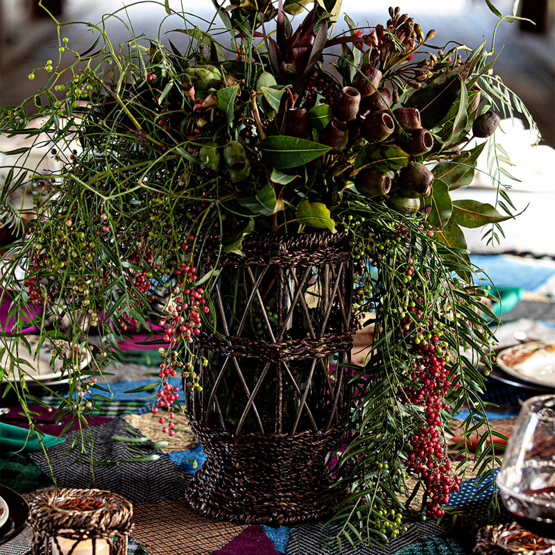 Rustic Brown Woven Willow Iron Candle Holder