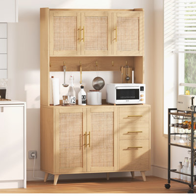 Manganaro 70.9" Kitchen Pantry with Microwave Shelf, Rattan Sideboard Buffet with Charging Station by Corrigan Studio
