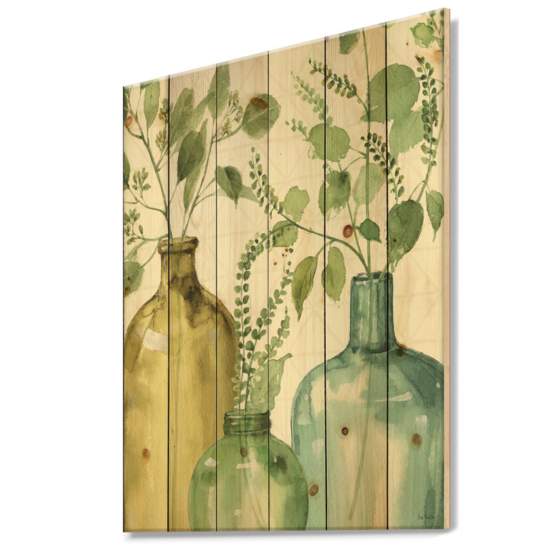 Mélange de feuilles vertes botaniques - reproduction sur bois, H 20 po x l 12 po x P 1po