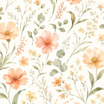 Papier peint adhésif aquarelle à motif floral avec feuilles jaunes et vertes pêche l 17,7 po x H 118 po amovible
