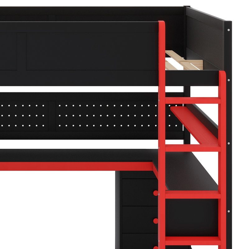Lit mezzanine avec escalier de rangement, bureau intégré, tablettes et panneau perforé Gaming, Noir / rouge