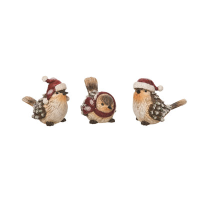 Ensemble de 3 figurines d'oiseaux en résine enneigées à la pomme de pin - objets décoratifs colorés pour la décoration de Noël de table