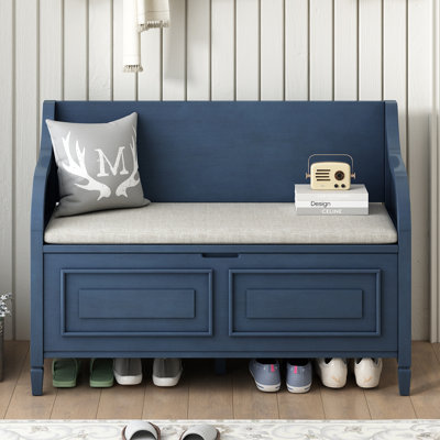 Banc de rangement rustique en bois massif avec charnière de sécurité et coussin beige