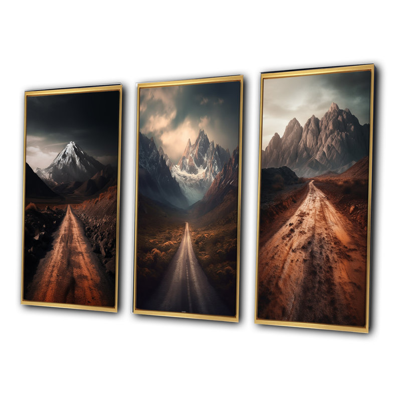 Endless Roads to Misty Snow Mountains IV - ensemble de 3 reproductions, Cadre flottant doré, H 60 po x l 40 po