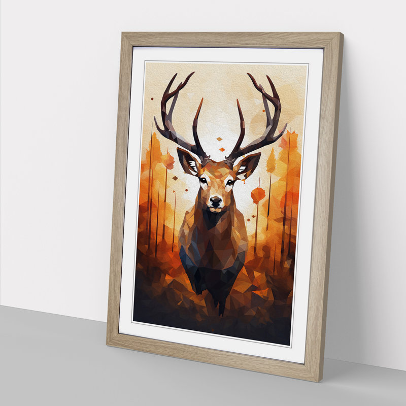 Deer Geometric - Framed Print, 46cm H x 34cm W, Oak Framed