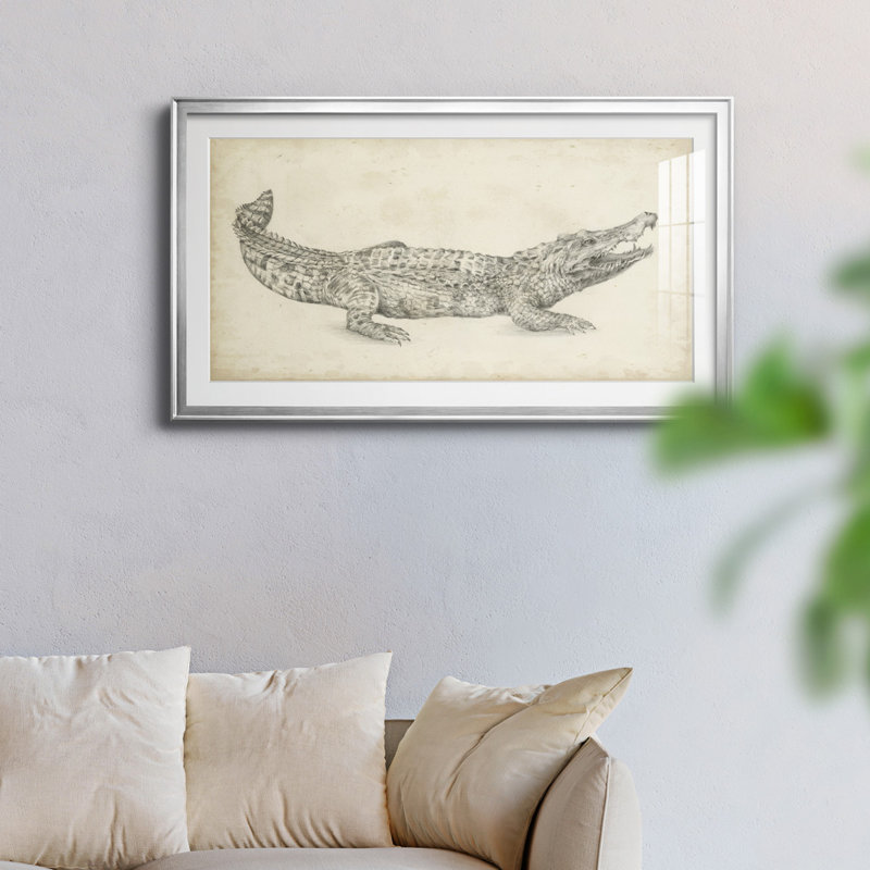 Croquis de crocodile - reproduction encadrée de qualité supérieure - prête à être accrochée, Argent