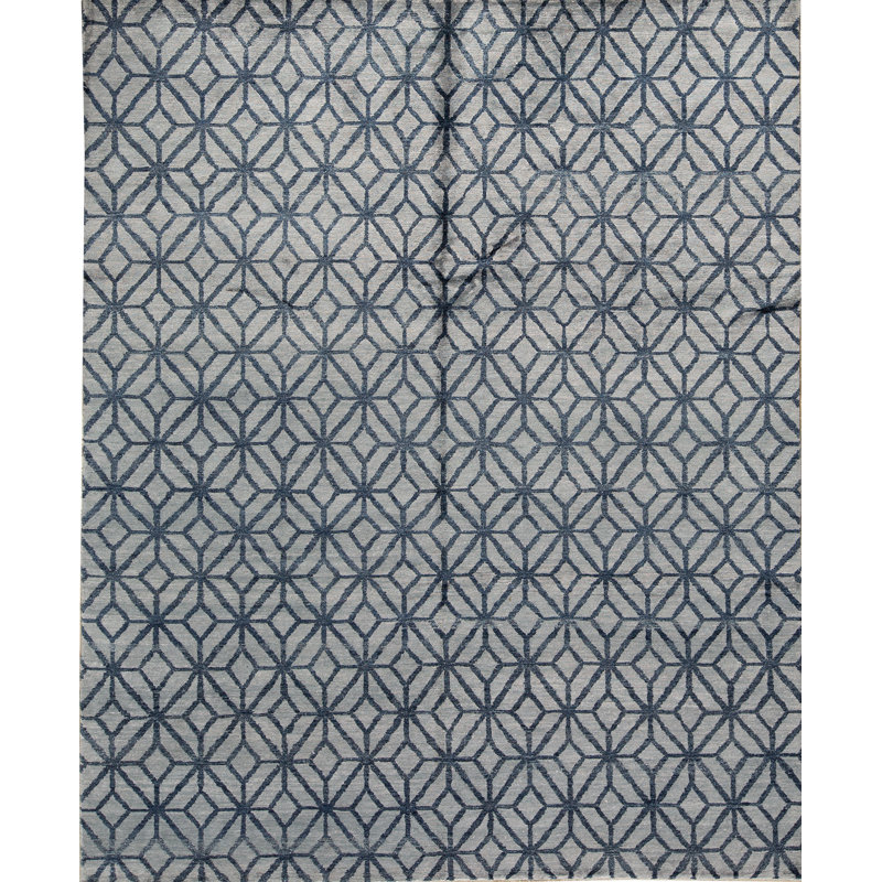 Tapis gris et bleu noué à la main de haute qualité