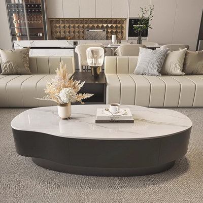 Modern 47" Sintered Stone Coffee Table, Unique Oval Free-Form Top, Scratch & Heat Resistant