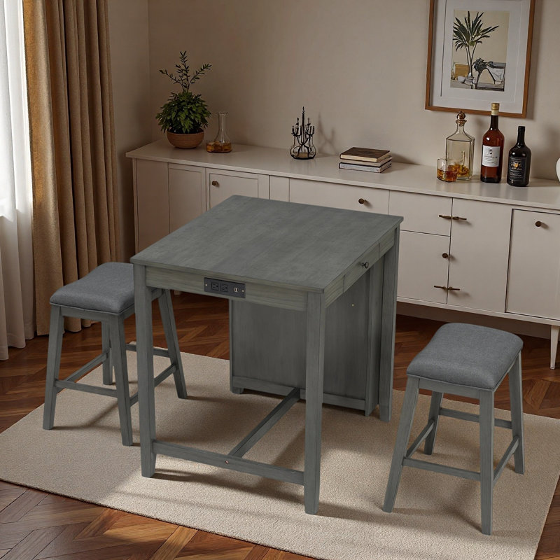 Ensemble de table de bar 3 pièces avec prise électrique, tiroirs, tablettes latérales et 2 tabourets rembourrés, Gray