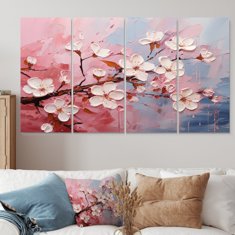 «White and Pink Cherry Tree Bloom III», art mural 4 pièces, H 28 po x l 48 po