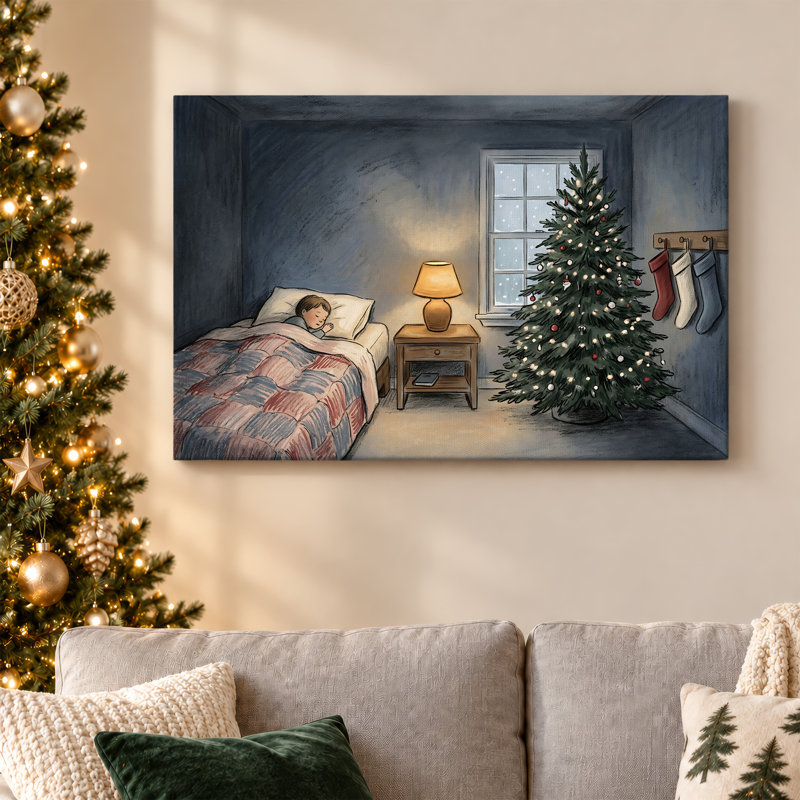 «Sleeping Child Beside Tree and Snowy Window Christmas», art mural sur toile, 20"H x 30"W
