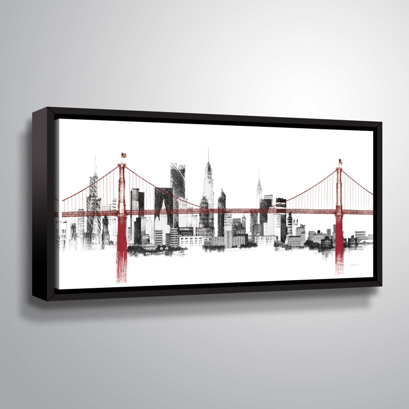«Bridge and Skyline Red», reproduction sur toile, Cadre flottant, H 6 po x l 12 po x P 2 po