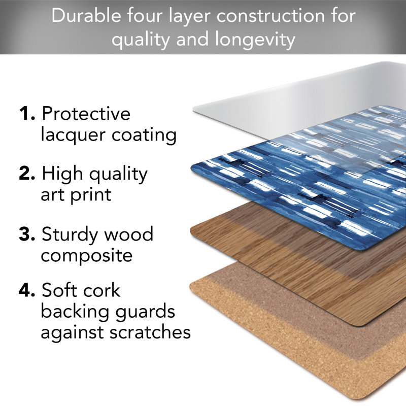 Indigo Blue Geometric Hardboard Placemats with Cork Backing, Set of 4