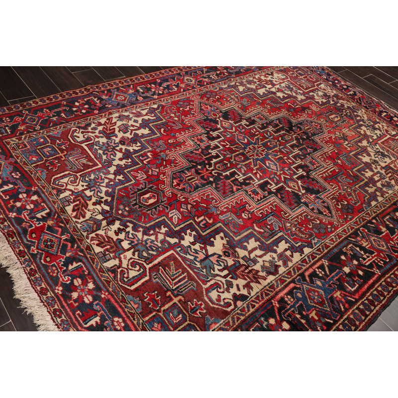 Tapis décoratif rouille/bleu marine en laine de conception unique 6 pi 4 po x 8 pi 8 po noué à la main