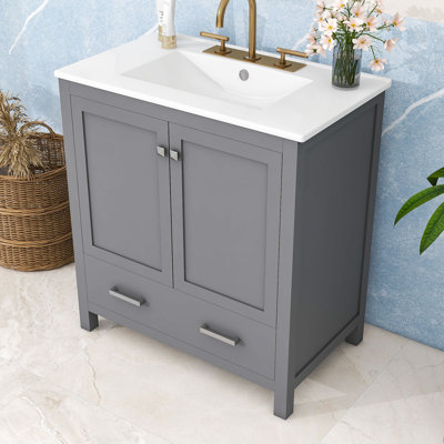 Meuble-lavabo 30 po avec lavabo encastré et rangement avec portes à fermeture douce et tiroir