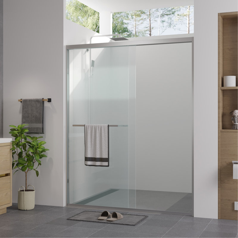 56-60"X74" Aluminum Frame Double Sliding Shower Door,Bypass Bathroom Sliding Door With Premium 1/4" (6Mm) Clear Tempered Glass, Chrome Hardware Sliding Glass Shower Enclosure,Chrome  Finished