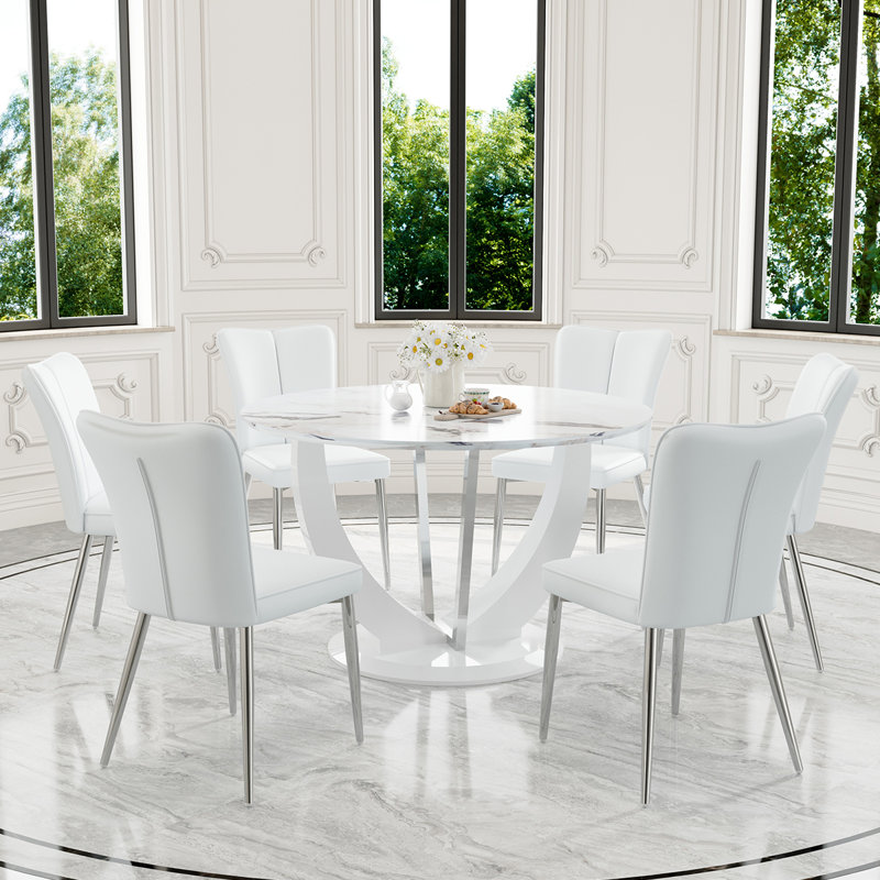 Ensemble de table de salle à manger 47,2 po, table de salle à manger moderne avec chaises à dossier haut en similicuir, Blanc