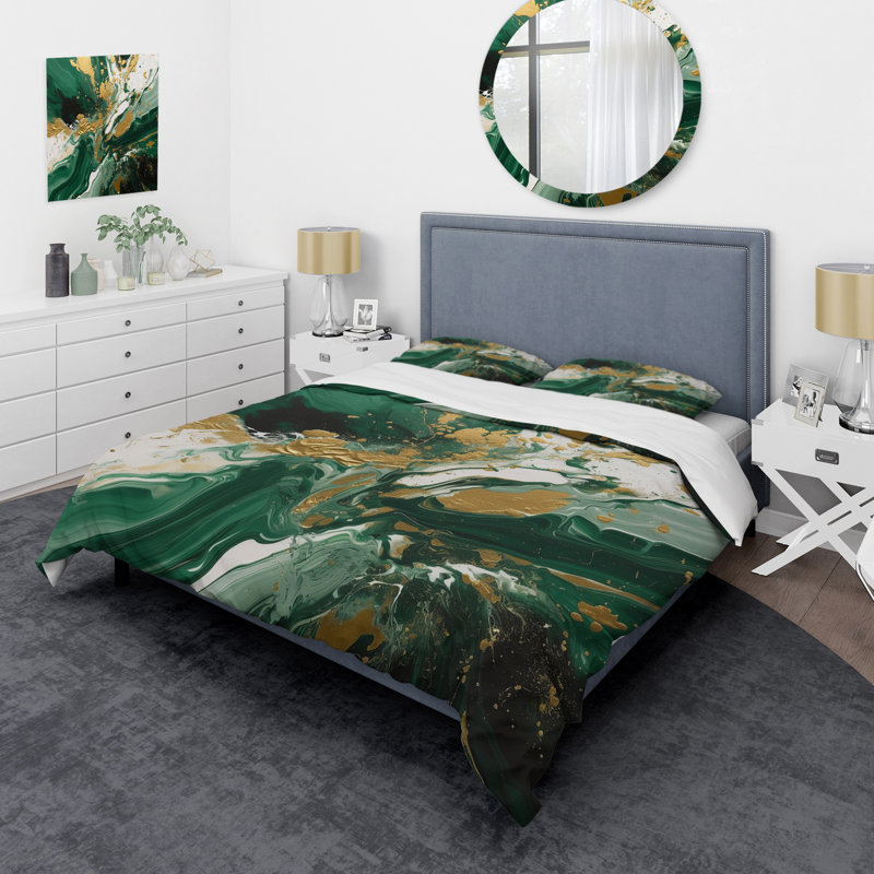 Ensemble de housse de couette en microfibre / polyester Green and Gold, Housse de couette pour grand lit et 2 taies décor