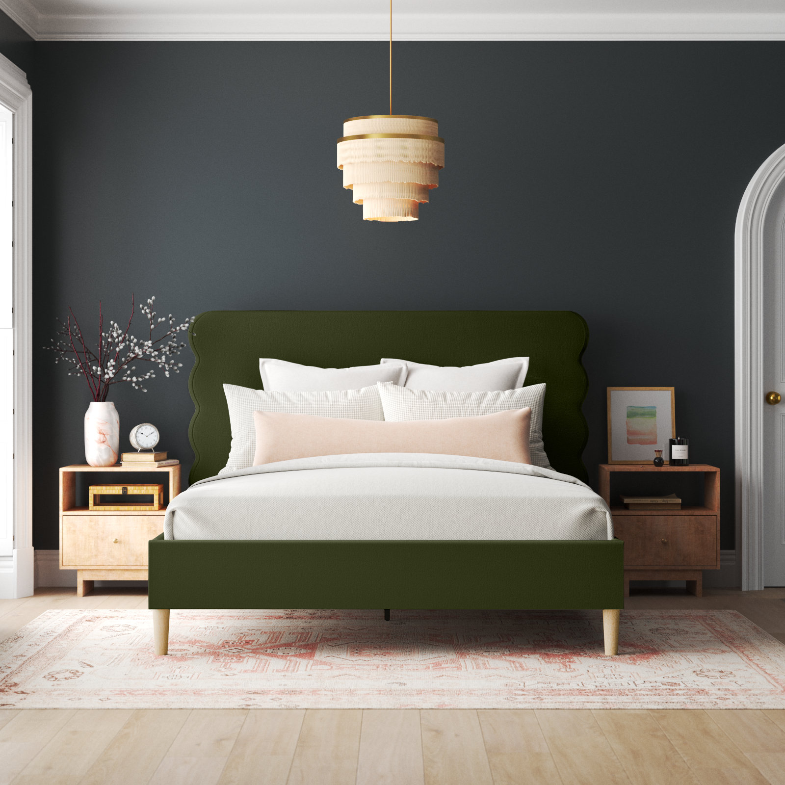 Henley Upholstered Scalloped Bed, Olive Green Velvet, Queen